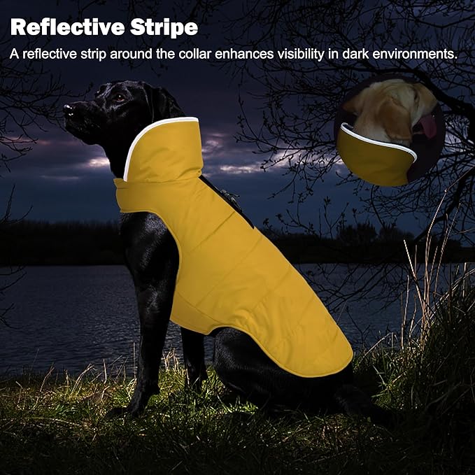 Dog Winter Coat, Waterproof Dog Jacket with Leash Hole, Reflective Adjustable Pet Snow Vest, Warm Fleece Sweater for Small Medium Large Dogs - Yellow, L