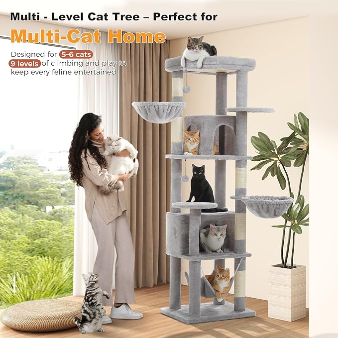 71.2" Tall Cat Tree for Indoor Cats Adult, 9-Levels Large Cat Tower with 5 Sisal Posts, 3 Hammocks, 2 Codons, Big Perch & 3 Pom Poms for Multi Cats Household– Plush Gray