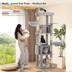 71.2" Tall Cat Tree for Indoor Cats Adult, 9-Levels Large Cat Tower with 5 Sisal Posts, 3 Hammocks, 2 Codons, Big Perch & 3 Pom Poms for Multi Cats Household– Plush Gray