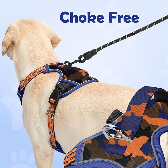 Funfox Dog Harness No Pull, Adjustable Pet Vest Harness, Super Soft Material with Vertical Handle Easy Control, Reflective Night Walking, 2 Leash Clips for Large Dogs, Camo Orange, L