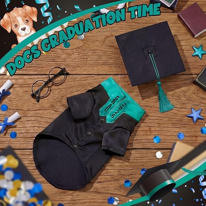 5 Pcs Dog Graduation Costume Set Include 2026 Pet Graduation Gown with Stole Puppy Grad Cap Lensless Glasses DIY Letter Stickers for Dogs Cats Holiday Costume Accessory(Black Green,L)