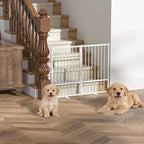 Full Metal Freestanding Dog Gate with Door, 32''Height Foldable Pet Dog Fence for Indoor & Outdoor, 2 Panels Extra Wide Free Standing TallDog Gates for Doorways,House,Stairs,Porch,Deck,Yard