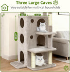Cat Tree Tower for Indoor Cats, Adult Cat Tree House for Large Adult Cats with Steps, Scratching Post, 3 Cat Caves, Dangling Toys (Light Gray)