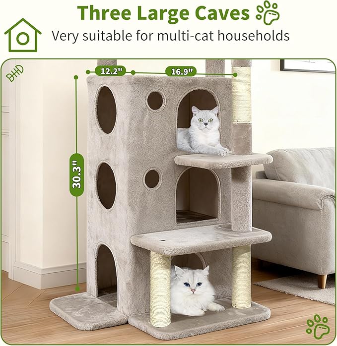Cat Tree Tower for Indoor Cats, Adult Cat Tree House for Large Adult Cats with Steps, Scratching Post, 3 Cat Caves, Dangling Toys (Light Gray)