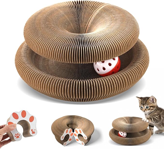 1 Pack Cat Scratcher Toy with Balls Bells, Magic Organ Foldable Cat Scratching Board for Kitten, Interactive Toys for Indoor Adult Cats Exercise Anxiety Relief, Auburn
