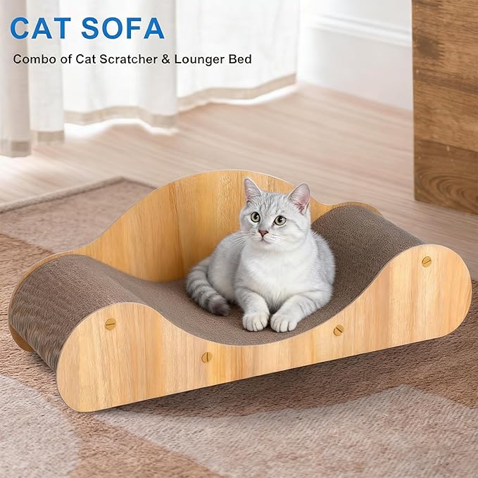 Simple Deluxe Cat Scratcher Cardboard Bed, Natural Solid Wood Scratch Lounger for Scratching&Sleeping, 23.6inches Scratching Board Furniture Protector, Curved