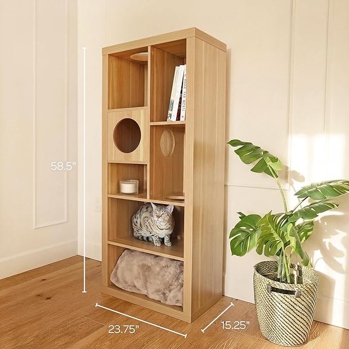 4 Cats & Dogs Cliff Jr. Cat Tree Bookshelf – Stylish Multi-Level Cat Climbing & Hiding Shelf, Space-Saving Bookshelf with 7 Levels, Wall-Mounted Secure Cat Furniture, Oak (58.5" x 23.75" x 15.5")