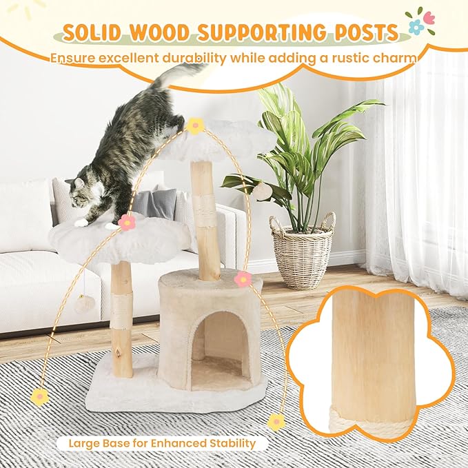 PETSITE 32 Inch Wood Cat Tree, Multi-Level Small Cute Cat Tree with Sisal Scratching Posts, Cat Condo, Soft Long Plush Covered Perches, and Dangling Balls