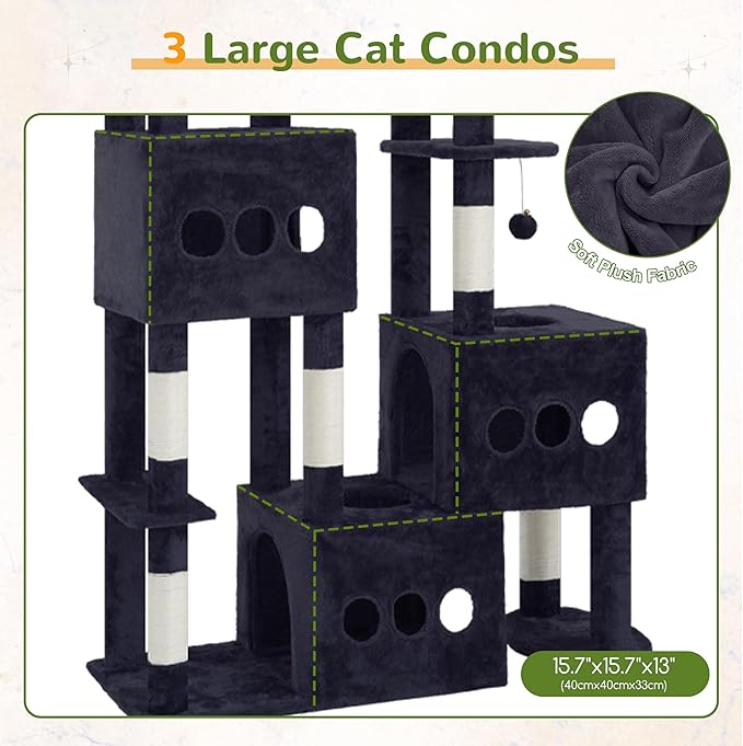 Cat Tree for Large Adult, 71.7'' Tall Cat Tower for Indoor Cats, Sturdy Heavy Duty Cat Tree Tower for 20 lbs+Cats, 3 Big Cat Condos, 10 Scratching Posts, 3 Platforms, Drak Gray GCT036G