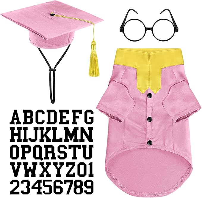 5 Pcs Dog Graduation Costume Set Include 2026 Pet Graduation Gown with Stole Puppy Grad Cap Lensless Glasses DIY Letter Stickers for Dogs Cats Holiday Costume Accessory(Pink Yellow,S)