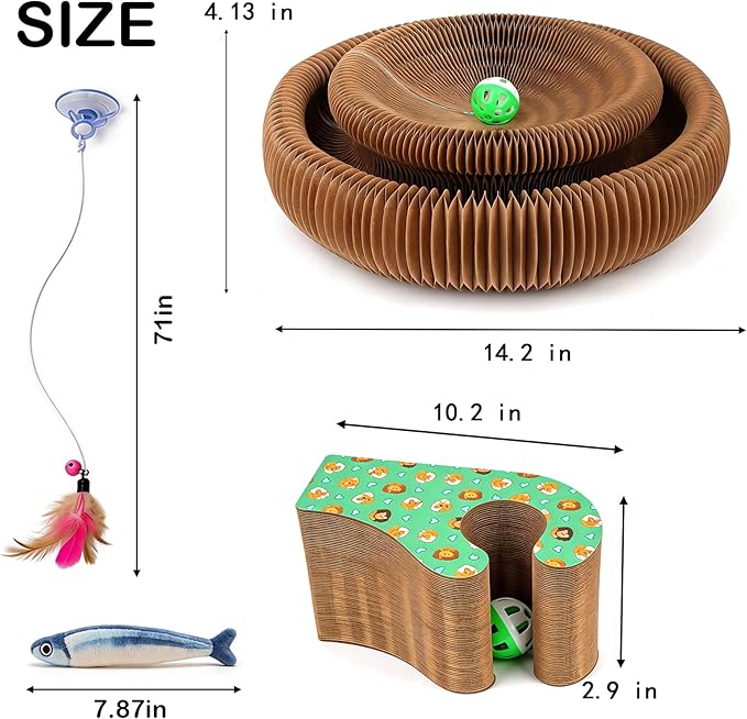 Collapsible Round Cat Scratcher Lounge Bed,Accordion Cardboard Scratching Board for Indoor Large Cats, Kitten Bed & Play Toy,14.2 inch