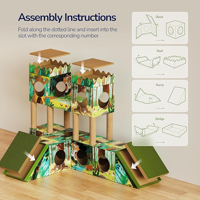 DIY Cardboard Cat House, Multi-Level Cat Tree Tower with Scratching Posts, Scratching Board, Tunnel & Playhouse for Kittens & Adult Cats, Recyclable 61.02″ × 36.61″ × 40.2″, Green Forest