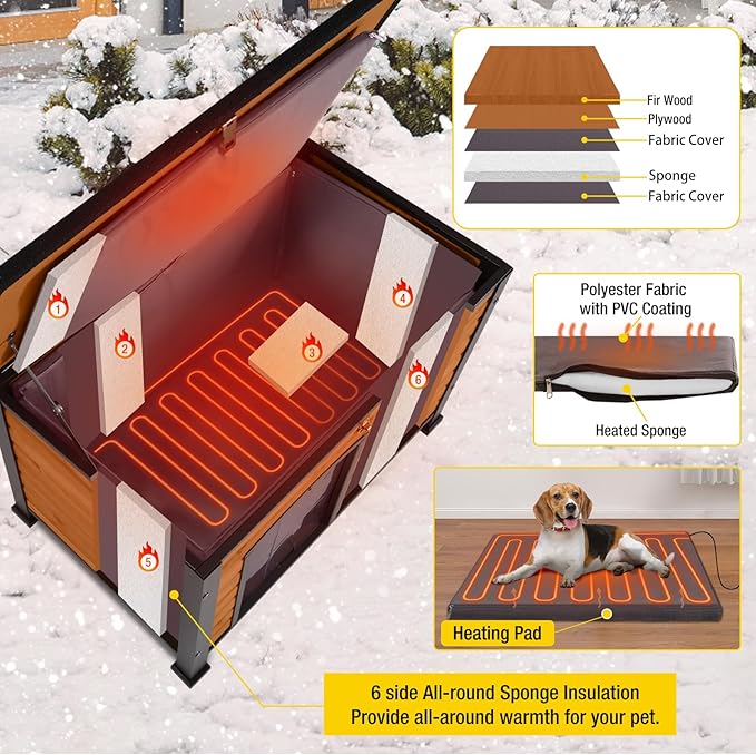 Aivituvin Heated Outdoor Dog House with Insulated Liner & Heating Pad Waterproof Dog Kennel for Winter Cat House for Small & Medium & Large Dogs,Cats,Unique All-Around Iron Frame