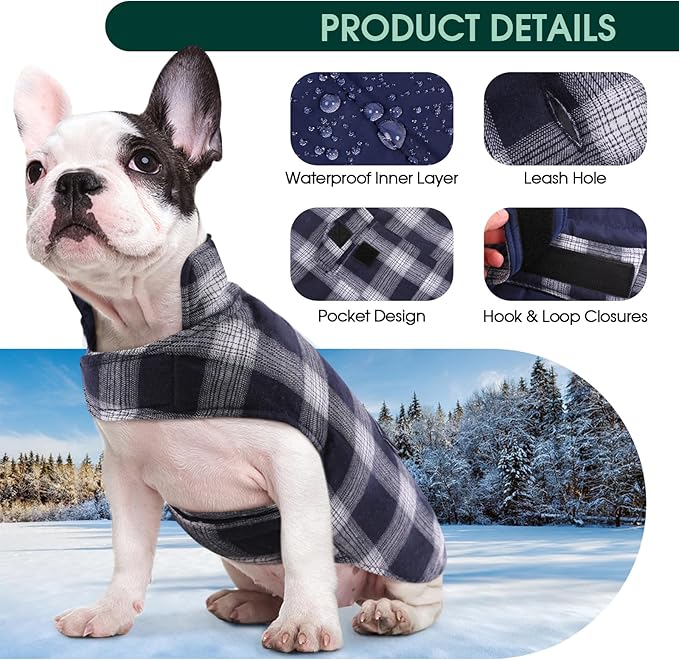 Kuoser Reversible Winter Coat, British Style Jacket for Small Dogs, Warm Windproof Puppy Cold Weather Clothes Vest, Blue XS