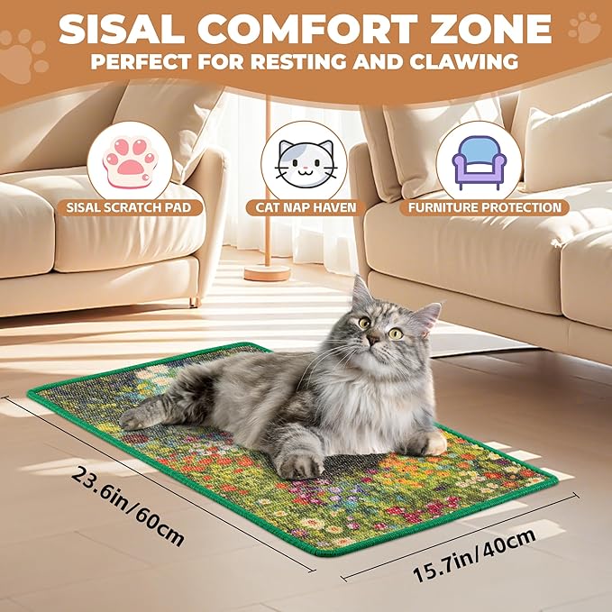 Sisal Cat Scratcher Mat, Cat Wall Scratcher for Indoor Cats, 23.6x15.7 Inch Cat Scratch Pad with Hook & Loop, Wall Mounted Cat Scratching Post to Protect Couch and Carpet（Flower Garden）