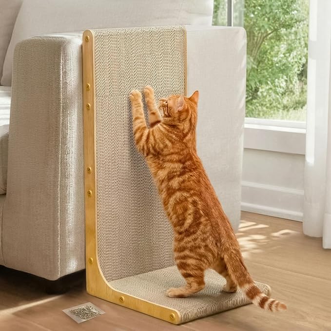 Cat Scratcher Lounge, 23 Inch L-Shaped Cat Scratch Pad, Vertical & Horizontal Scratching 1.2" Thick Cardboard Board, Durable, Eco-Friendly, Wood Grain