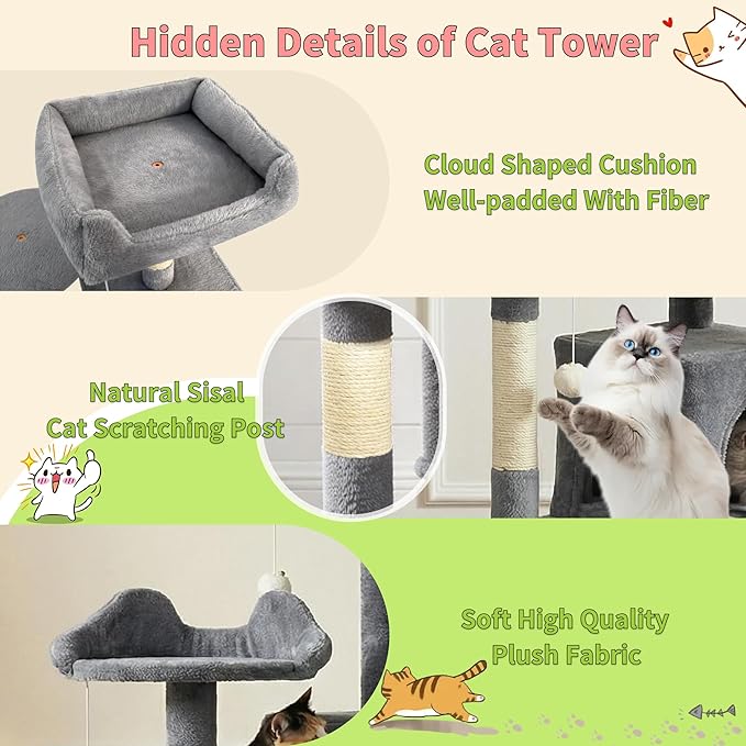 Pawly 52.5" Large Cat Tree with 2 Condos & Sisal Ramp, Premium CARB P2-Compliant Particle Board, 350G Plush Sturdy Cat Tower for Large Breeds, Senior Cats & Multi-Cat Household, Gray