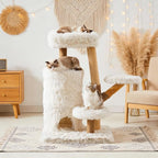 35-Inch Cat Tree for Indoor Cats, Multi-Level Tower with Sisal Posts, Dual Condos, Cushioned Perches & Removable Soft Cover, Natural Wood, Modern Cat Furniture for Large Cats, White