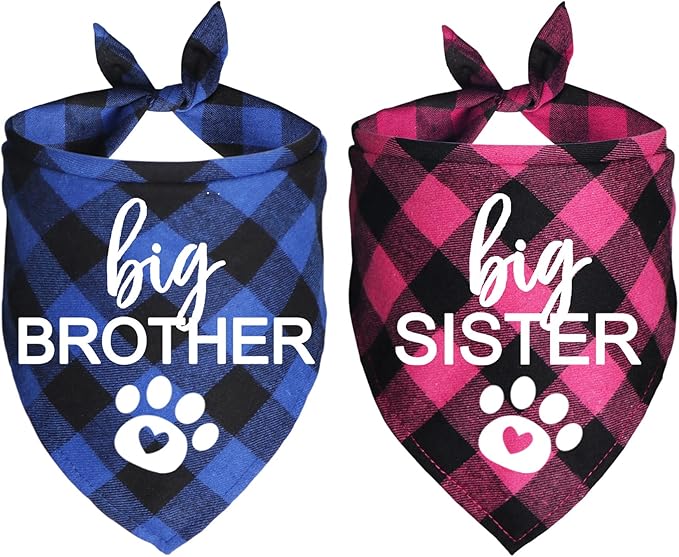 Big Brother Big Sister Dog Bandana, Plaid Pregnancy Announcement Dog Bandanas for Dogs (Blue and Pink, Big Brother and Big Sister)