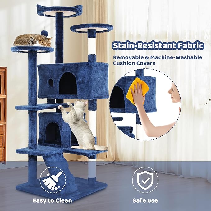 Cat Trees Towers for Large Cats, Cat Houses & Condos with Scratching Posts, Cat Bed Cave, Climbing Ladder, Pompoms, 54", Navy Blue