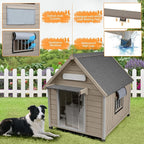Large Dog House Outdoor with Window, Wooden Outdoor Dog House Kennel with Chew-Proof Iron Frame, Waterproof Roof, Doghouse Puppy Shelter for Dogs, 37.4''W x 30.5'L'x 39.3''H