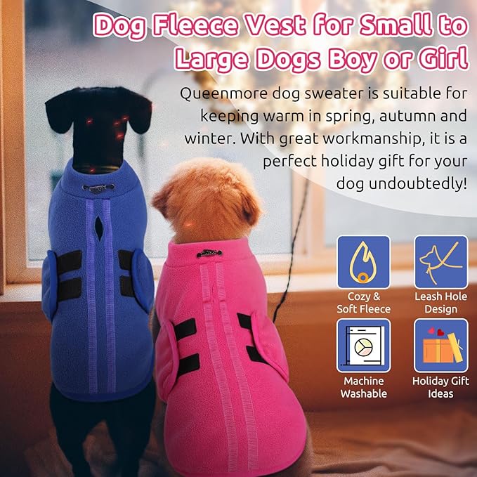Queenmore Soft Fleece Dog Jacket, Warm Winter Coats with Leash Hole, Dachshund Sweaters for Small Dogs Cats Boy or Girl (Blue, L)