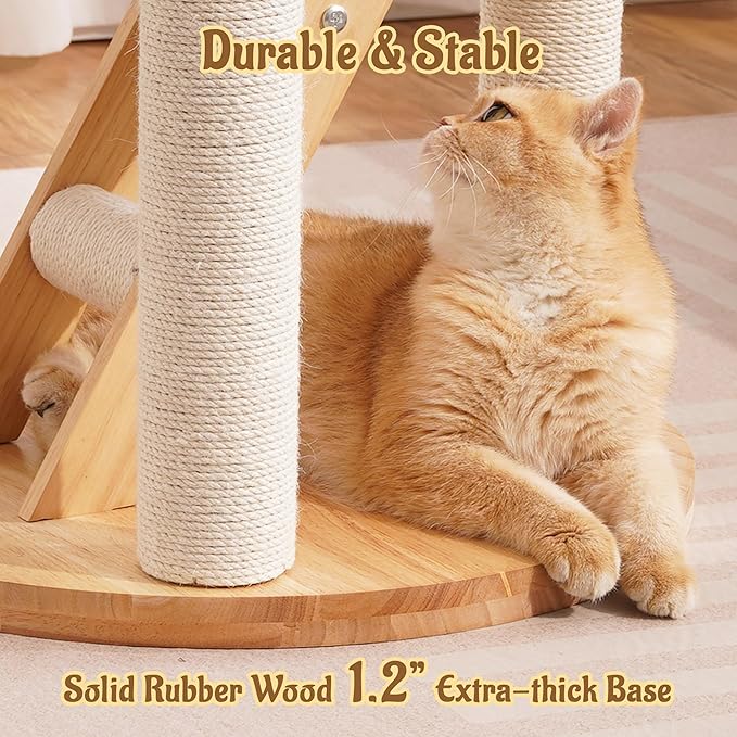 Modern Solid Wood Cat Tree for Indoor Cats Large Adult, 61.5in Tall Cat Tower with Sisal Scratching Posts, Ladder, Cozy Cat Beds, Semi-Open Cat Condo, Dangling Ball, Multi-Level Cat Furniture