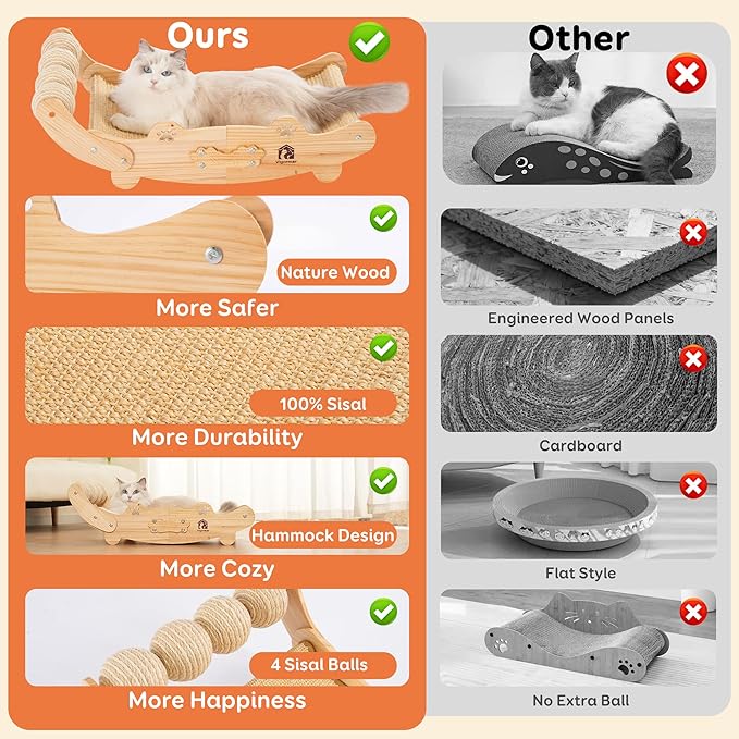 Large Sisal Cat Scratch Pad, Nartural Soild Wood Cat Scratcher Bed with Sisal Scratching Felt and 4 Balls for Indoor Cats Scratch & Lounger & Sleep (Large Size, Nature Wood)