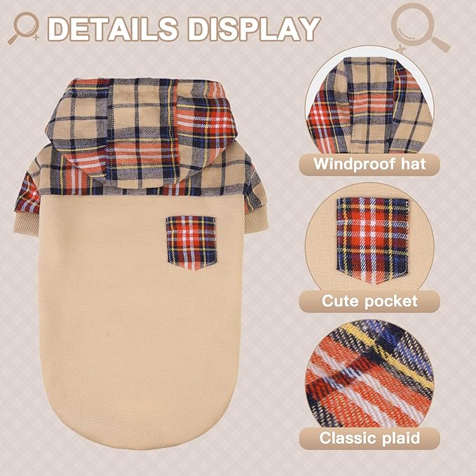 Plaid Dog Hoodie: Warm Sweatshirt with Hat, Leash Hole, Soft Fleece Pullover for Small to Large Dogs