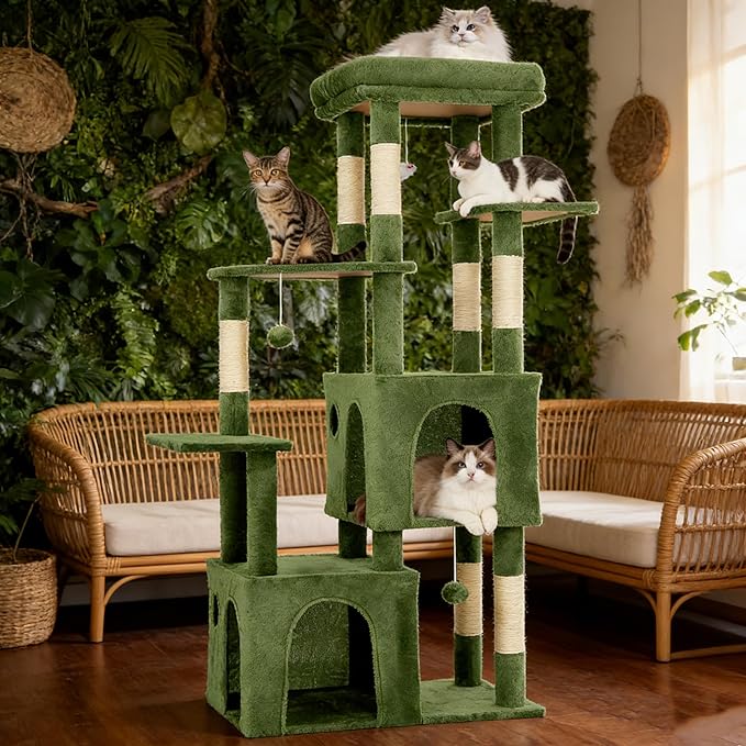 Cat Tree 61" Tall, Sisal Wrapped Scratching Post, Cat Nest, Hanging Ball, Extended Platform