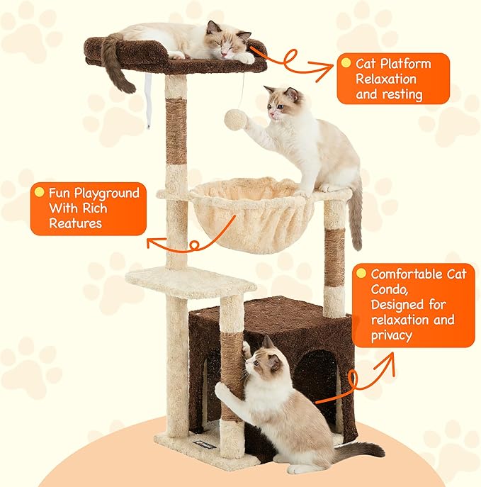 Cat Tree for Indoor Cats, 39.8-inch Cat Tower with 2 Plush Perches for Play & Rest, 1 Cozy Hideaway, Dangling Toy & Full Sisal Scratching Posts for Indoor Cats, Brown