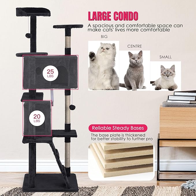 24/7 Shop at Home Court 70 inch Multi-Level Cute Cat Tree Tower with Dangling Ball and Scratching Posts for Indoor Cats Adults, Kitten Supplies, Pet House, Dark Gray