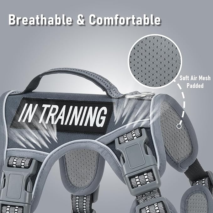 Service Dog Vest Harness with 2 Velcro Patches, No Pull Dog Harness for Walking Training Hiking, Metal D-Rings Easy on/Off Neck Buckle Reflective Strips Soft Padded Handle, Gray