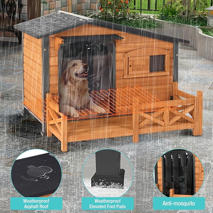 Heated Dog House for Outdoor Use with Matel Frame, Waterproof Design & Heating Blanket - All-Weather Wooden Kennel with Sliding Window & Metal Frame (Wood-H, L)