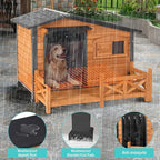 Heated Dog House for Outdoor Use with Matel Frame, Waterproof Design & Heating Blanket - All-Weather Wooden Kennel with Sliding Window & Metal Frame (Wood-H, L)