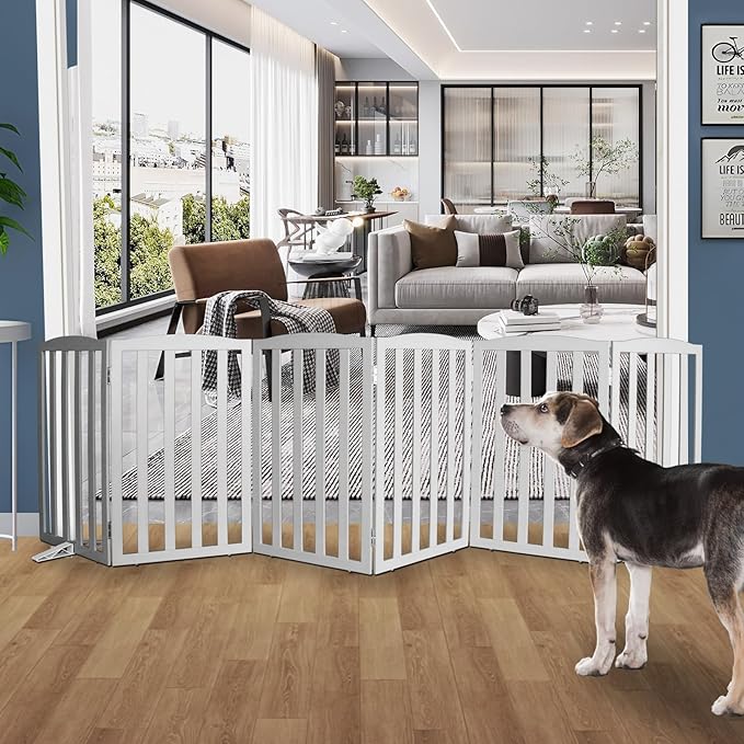 Freestanding Dog Gate Indoor,Doggie Gate Foldable Pet Gates for Doorways,Stairs or Hallways, Wooden Grey Pet Gate for the House, Pet Fence with Support Feet Included,32 "Height-6 Panels