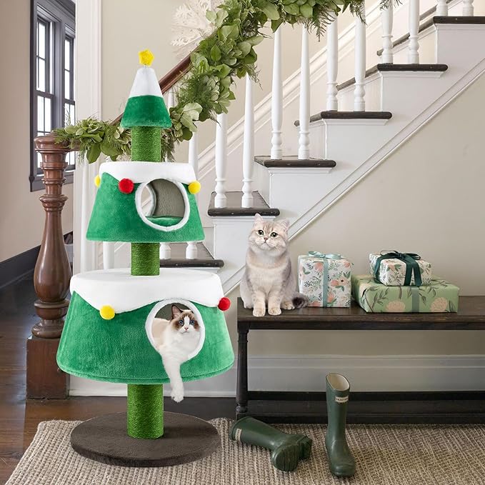 60" Christmas Cat Tower with 2-Level Cat Condos, Premium Scratching Posts,Star Design, Play Center for Kittens, Festive Cat Hideaway Furniture, Green