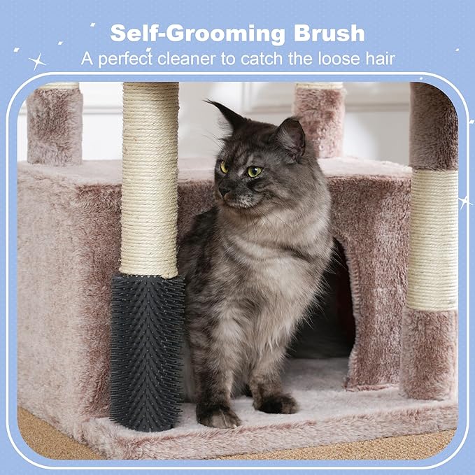 Hey-brother Cat Tree Tower, Scratching Posts with Extra Large Platform, Specious Condo, 2 Cozy Hammocks, Self-Grooming Brush for Indoor Adult Cats, Maine Coon 51.1 inches, Muchroom MPJ070MU