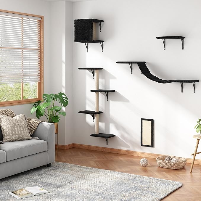 5 Pcs Wall-Mounted Climber Set, Wood Indoor with Shelves and Perches, Ladder, Condo House, Scratching Board and Tree, Wall Shelves Furniture for Cats (Black)