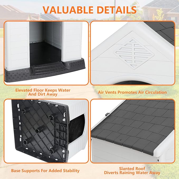 ZENY Large Plastic Dog House - Waterproof Dog Kennel with Air Vents and Elevated Floor All Weather Indoor Outdoor Doghouse Puppy Shelter, Easy to Assemble