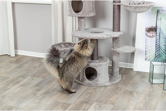 TRIXIE Anna Cat Tree – Cat Tower with Sisal Posts, Dual Hammocks, Caves & Hanging Toy – Indoor Cat Furniture for Scratching & Climbing – Gray, 23.6" x 23.6" x 50.4"