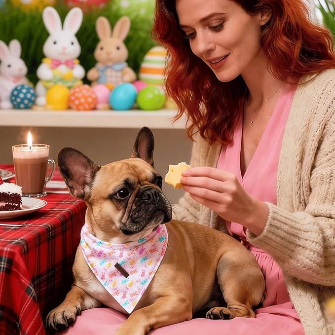 Elegant little tail Easter Dog Bandana, Bunny with Flower 1PC Washable Dog Scarf Female or Male Square Bib Kerchief Scarf Adjustable Pet Bandana for Medium Large Dogs