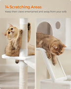 Feandrea Cat Tree, 81.1-Inch Large Cat Tower, Multi-Level Plush Condo with 13 Scratching Posts, 2 Perches, 2 Caves, Basket, Hammock, Pompoms, Cream White UPCT190T01