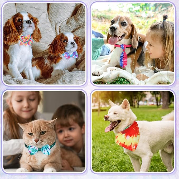 Reginary 120 Pcs Tie Dye Dog Bandanas Bulk Dog Bows Set Bow Ties Cat Scarf Colorful Washable Triangle Pet Kerchief Cute Bib for Summer Small Medium Large Pets Grooming Accessories Costume