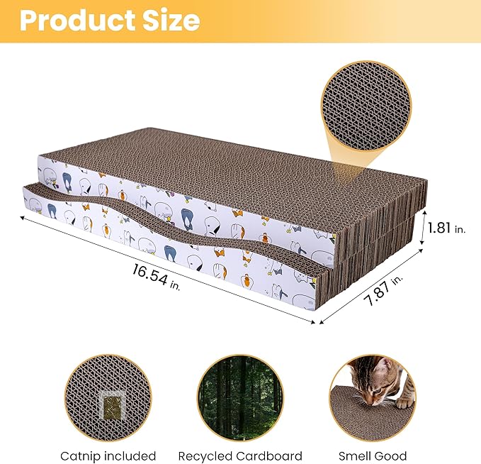 Cat Scratching Board, Large Wide Corrugate Cat Scratcher with Catnip, Premium Scratch, Double-Sided Design, Cat Scratch Pad for Indoor Cats and Kitten,Furniture Protectors from Cat Scratching (2-PACK)