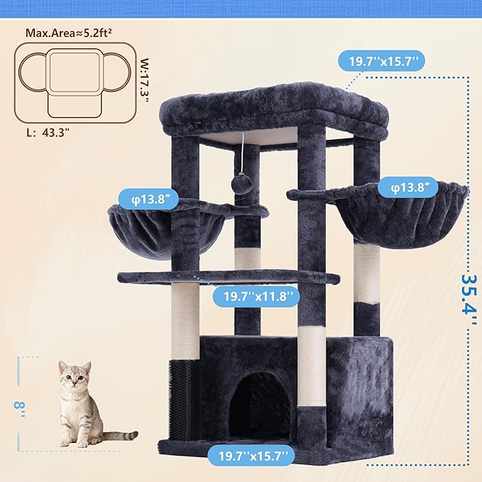 Hey-brother Cat Tree Tower with Extra Large Platform, Spacious Condo, 2 Cozy Hammocks, Self-Grooming Brush, Sisal Scratching Posts for Big Indoor Adult, Maine Coon, 35.4 Inches, Smoky Gray MPJ060G