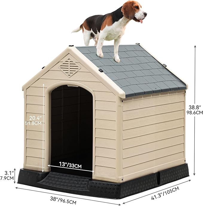 YITAHOME Plastic Dog House, Waterproof Indoor Outdoor Doghouse for Large or Small Dog, with Air Vents and Elevated Floor, Easy Assemble and Clean