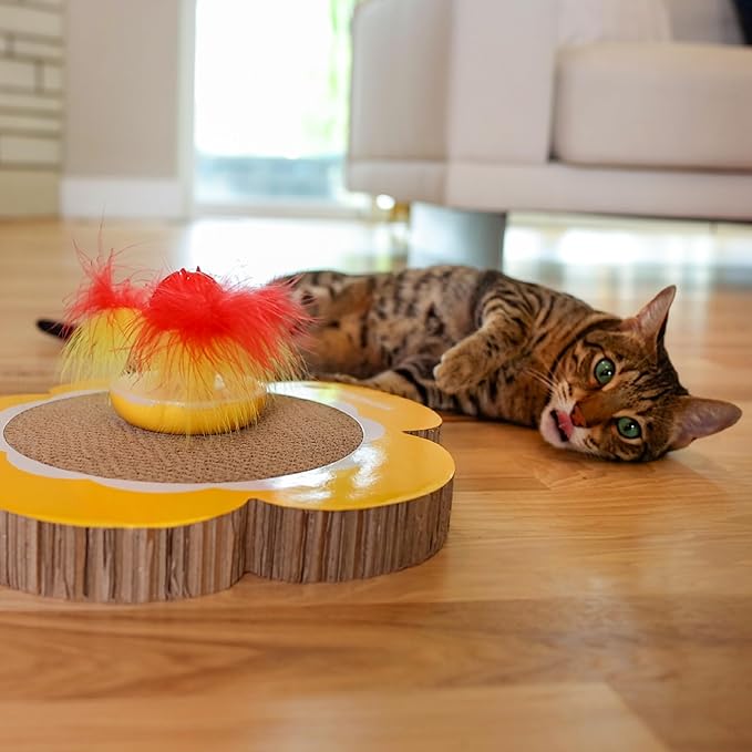 Catstages Daisy Scratch and Spinning Catnip Toy Bundle Cat Scratcher with Topper for Interactive Play, Two Toys in One, Multicolored