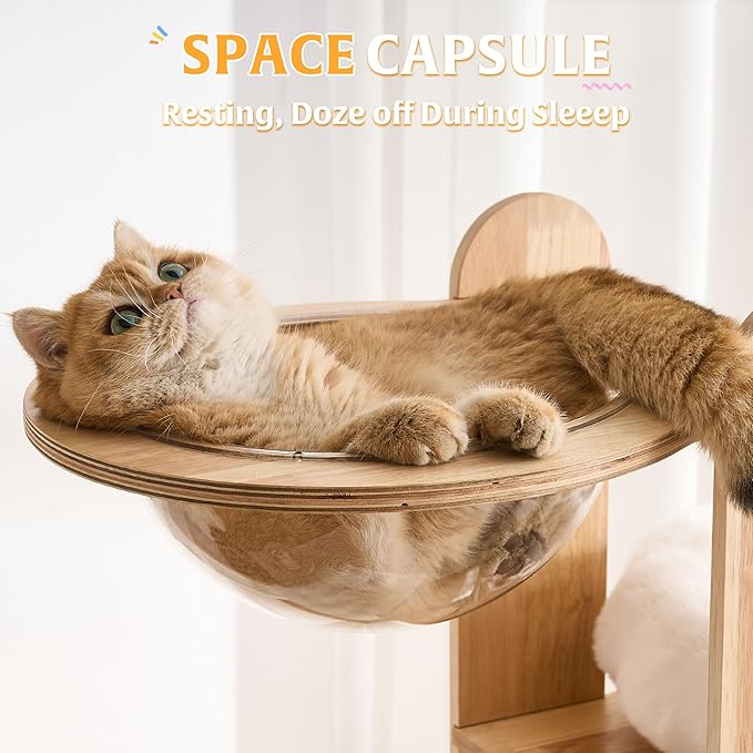 HITTITE Solid Wood Cat Tree Tower with Scratching Post, 64 Inches Tall Cat Towers with Scratching Board, Modern Cat Tower with Space Capsule and Removable Top Bed for Indoor Cats