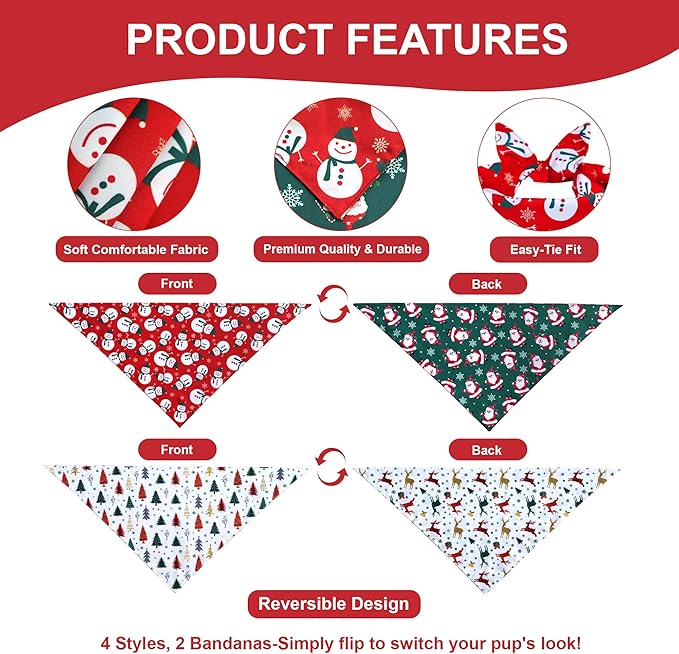 Christmas Dog Bandanas 2-Pack for Small to Medium Dogs - Reversible Santa & Reindeer Prints Scarf, Gift for Dog Lovers